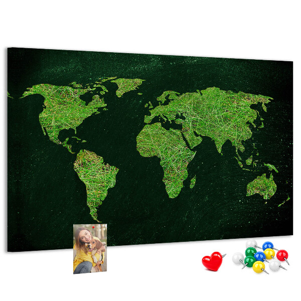 Lavagna di sughero mappa del mondo verde con rete stradale