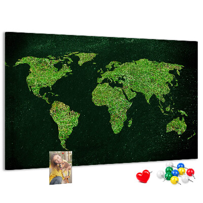 Lavagna di sughero mappa del mondo verde con rete stradale