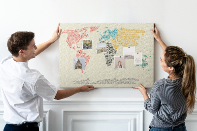Bacheca in sughero mappa del mondo con parole e colori