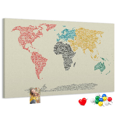 Bacheca in sughero mappa del mondo con parole e colori