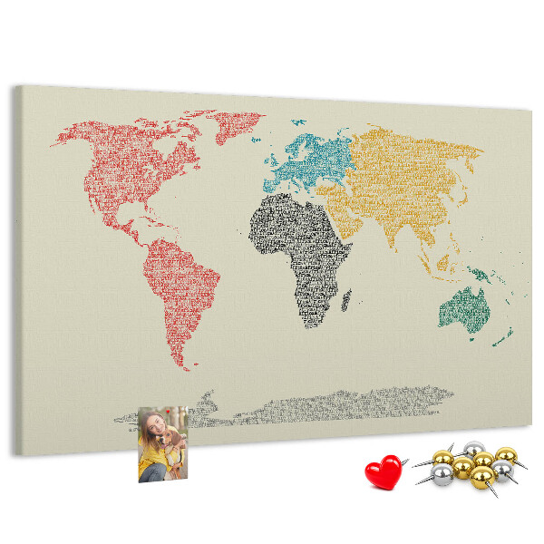 Bacheca in sughero mappa del mondo con parole e colori