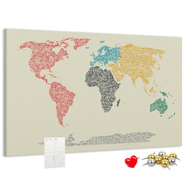 Bacheca in sughero mappa del mondo con parole e colori