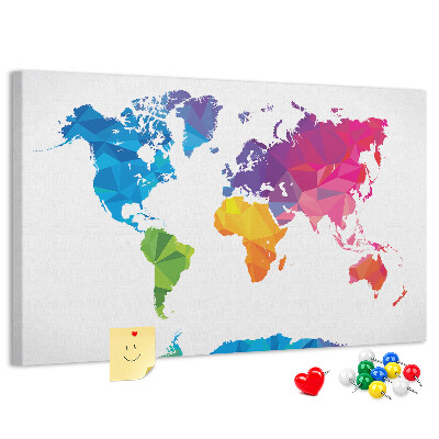 Bacheca in sughero con stampa di una mappa del mondo poligonale colorata