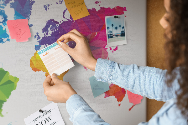 Bacheca in sughero con stampa di una mappa del mondo poligonale colorata