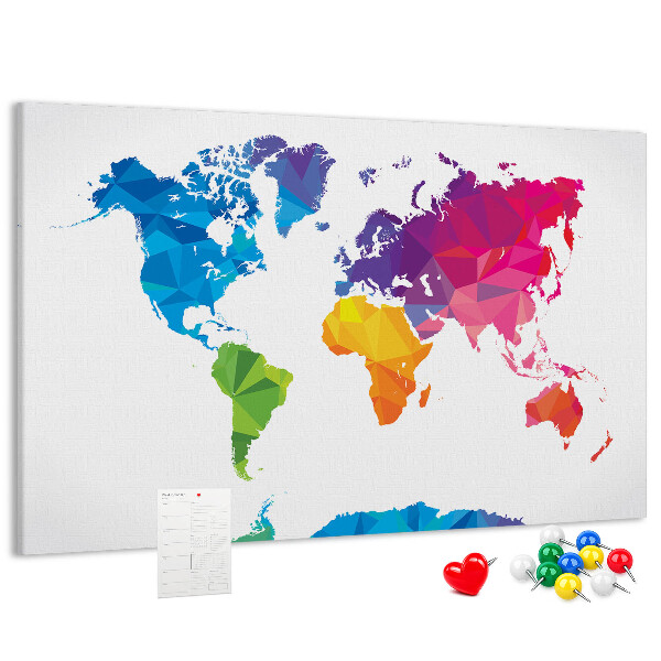 Bacheca in sughero con stampa di una mappa del mondo poligonale colorata