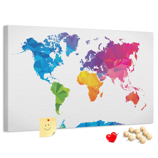 Bacheca in sughero con stampa di una mappa del mondo poligonale colorata