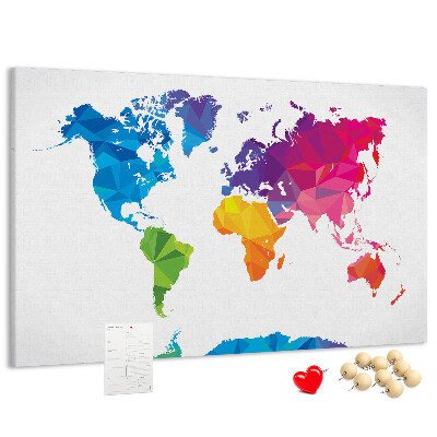 Bacheca in sughero con stampa di una mappa del mondo poligonale colorata