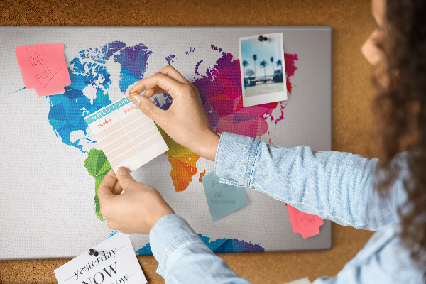 Bacheca in sughero con stampa di una mappa del mondo poligonale colorata
