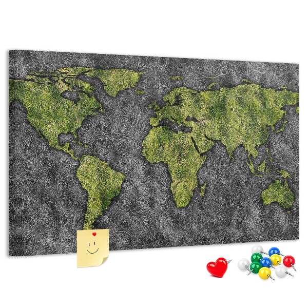 Bacheca in sughero mappa del mondo verde su sfondo grigio