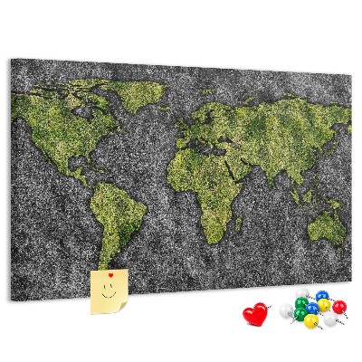 Bacheca in sughero mappa del mondo verde su sfondo grigio