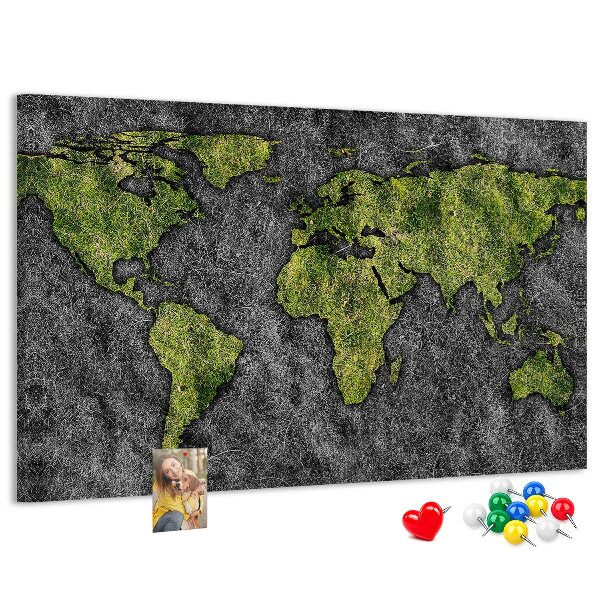 Bacheca in sughero mappa del mondo verde su sfondo grigio