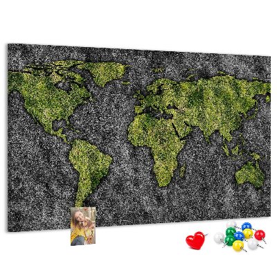 Bacheca in sughero mappa del mondo verde su sfondo grigio