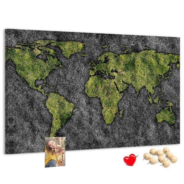 Bacheca in sughero mappa del mondo verde su sfondo grigio