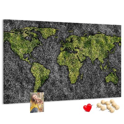 Bacheca in sughero mappa del mondo verde su sfondo grigio