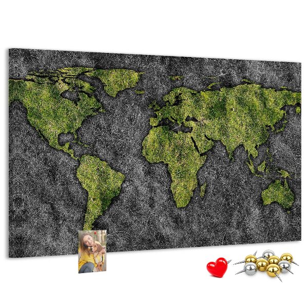 Bacheca in sughero mappa del mondo verde su sfondo grigio
