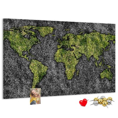 Bacheca in sughero mappa del mondo verde su sfondo grigio