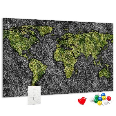 Bacheca in sughero mappa del mondo verde su sfondo grigio