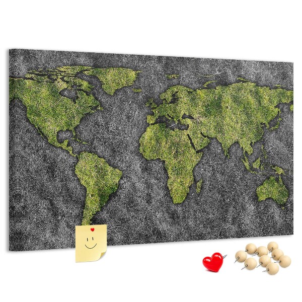 Bacheca in sughero mappa del mondo verde su sfondo grigio