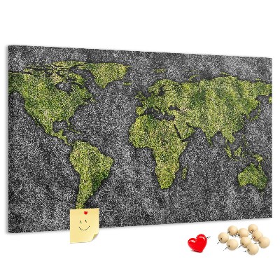 Bacheca in sughero mappa del mondo verde su sfondo grigio