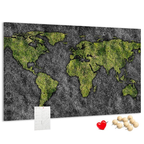 Bacheca in sughero mappa del mondo verde su sfondo grigio