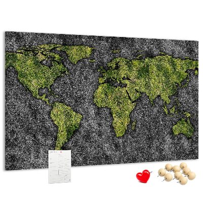 Bacheca in sughero mappa del mondo verde su sfondo grigio
