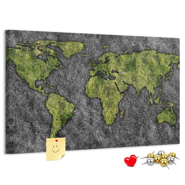 Bacheca in sughero mappa del mondo verde su sfondo grigio