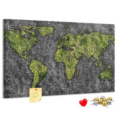 Bacheca in sughero mappa del mondo verde su sfondo grigio