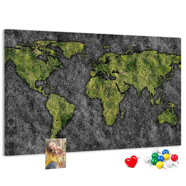 Bacheca in sughero mappa del mondo verde su sfondo grigio