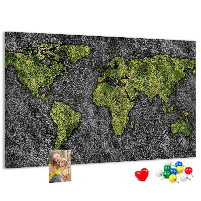 Bacheca in sughero mappa del mondo verde su sfondo grigio