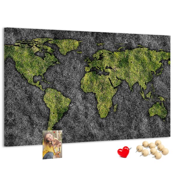 Bacheca in sughero mappa del mondo verde su sfondo grigio