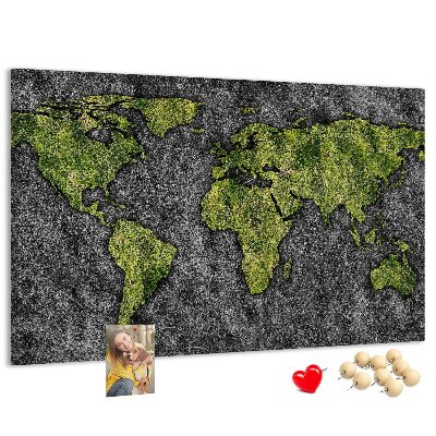 Bacheca in sughero mappa del mondo verde su sfondo grigio