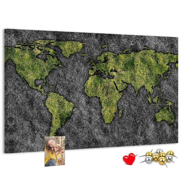 Bacheca in sughero mappa del mondo verde su sfondo grigio