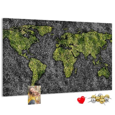 Bacheca in sughero mappa del mondo verde su sfondo grigio