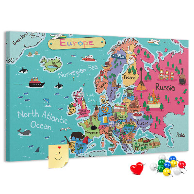 Lavagna di sughero mappa colorata dell'Europa con i nomi dei paesi
