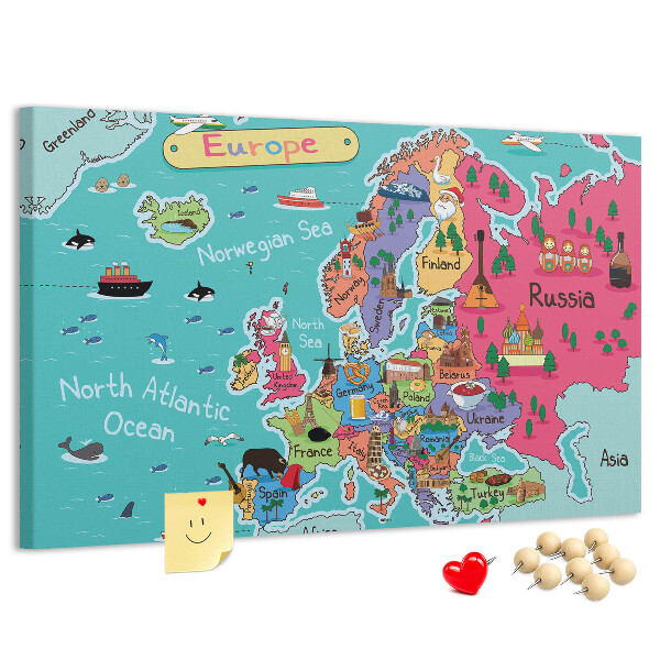 Lavagna di sughero mappa colorata dell'Europa con i nomi dei paesi