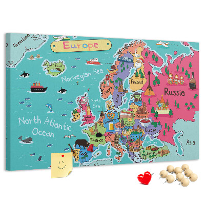 Lavagna di sughero mappa colorata dell'Europa con i nomi dei paesi