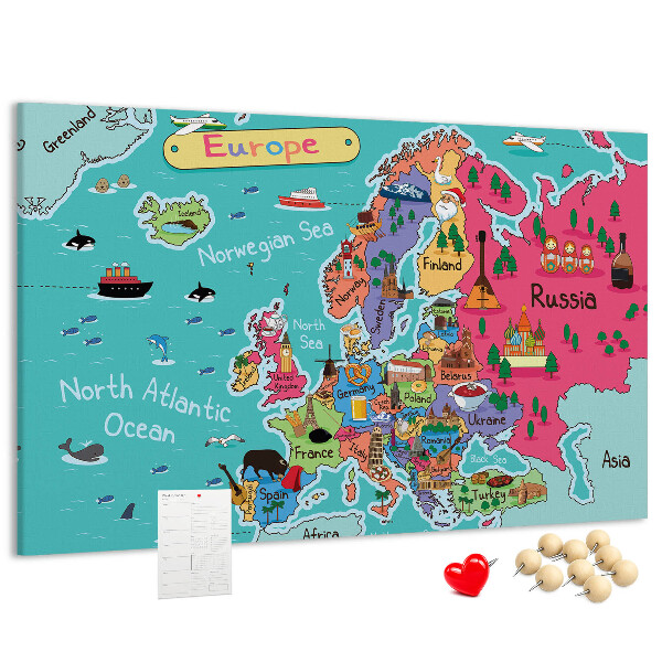 Lavagna di sughero mappa colorata dell'Europa con i nomi dei paesi