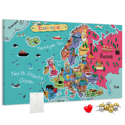 Lavagna di sughero mappa colorata dell'Europa con i nomi dei paesi