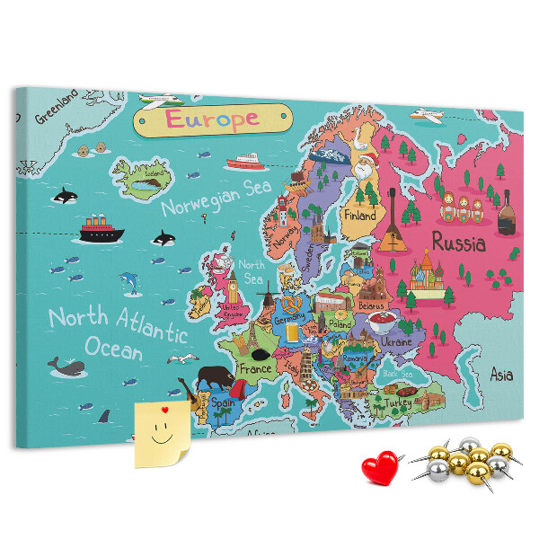 Lavagna di sughero mappa colorata dell'Europa con i nomi dei paesi