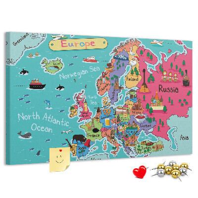 Lavagna di sughero mappa colorata dell'Europa con i nomi dei paesi