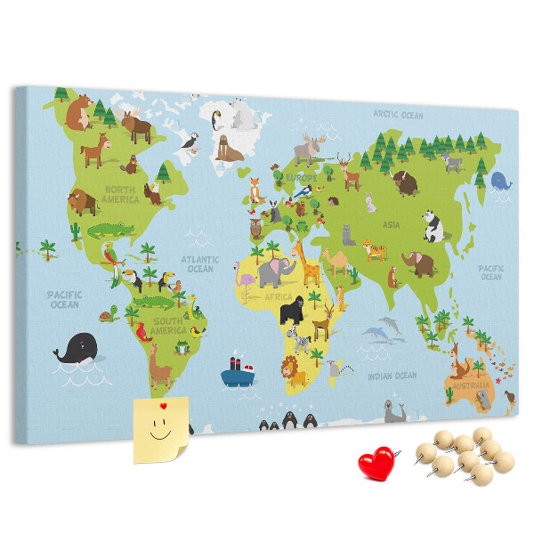 Lavagna di sughero mappa del mondo con animali e continenti