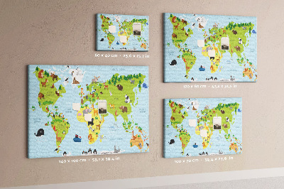 Lavagna di sughero mappa del mondo con animali e continenti