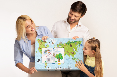 Lavagna di sughero mappa del mondo con animali e continenti