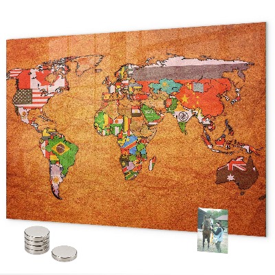 Lavagna magnetica per calamite Mappa del mondo con le bandiere