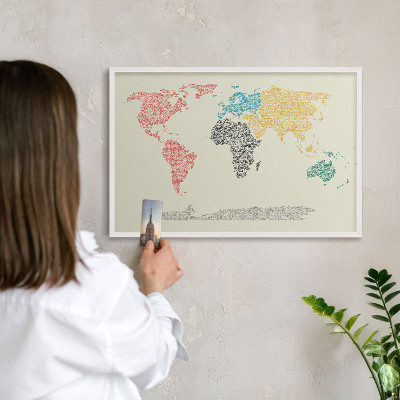 Lavagna magnetica stampata per calamite con cornice bianca Mappa del mondo
