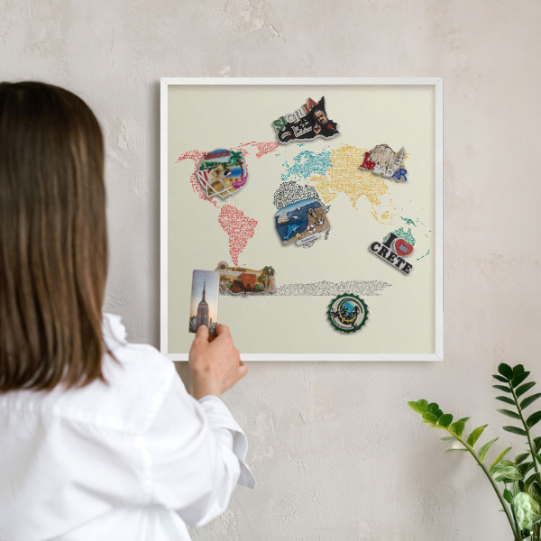 Lavagna magnetica stampata per calamite con cornice bianca Mappa del mondo
