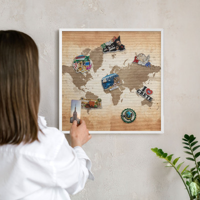 Lavagna magnetica da parete per calamite di colore bianco Mappa del mondo