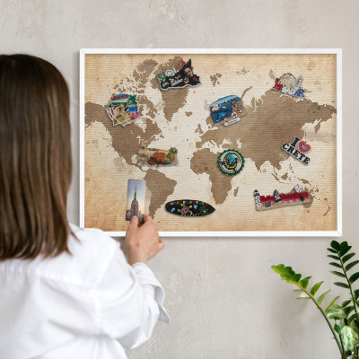 Lavagna magnetica da parete per calamite di colore bianco Mappa del mondo