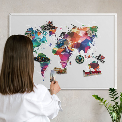 Lavagna magnetica stampata per calamite con cornice bianca Mappa del mondo