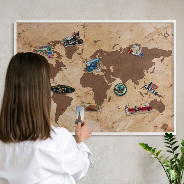 Lavagna magnetica da parete per calamite di colore bianco Mappa del mondo